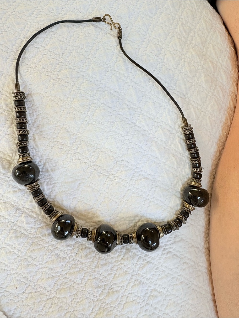 Vintage 80s Boho Black Ceramic Clay Bead Statement Necklace Tribal Silver